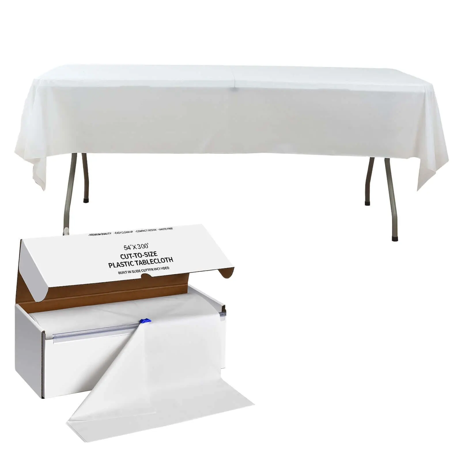 Large Disposable Plastic Table Cover Roll - 54"x300ft White with Slide Cutter, Cuts Up to 36 Rectangle 8ft Covers for Happy Birthday, Wedding, Holiday Outdoor/Indoor Events