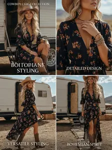 Women's Western Rustic Style Long Sleeve Floral Dress, V Neck Waist Cinch Split Design, Sexy and Elegant Evening Wear