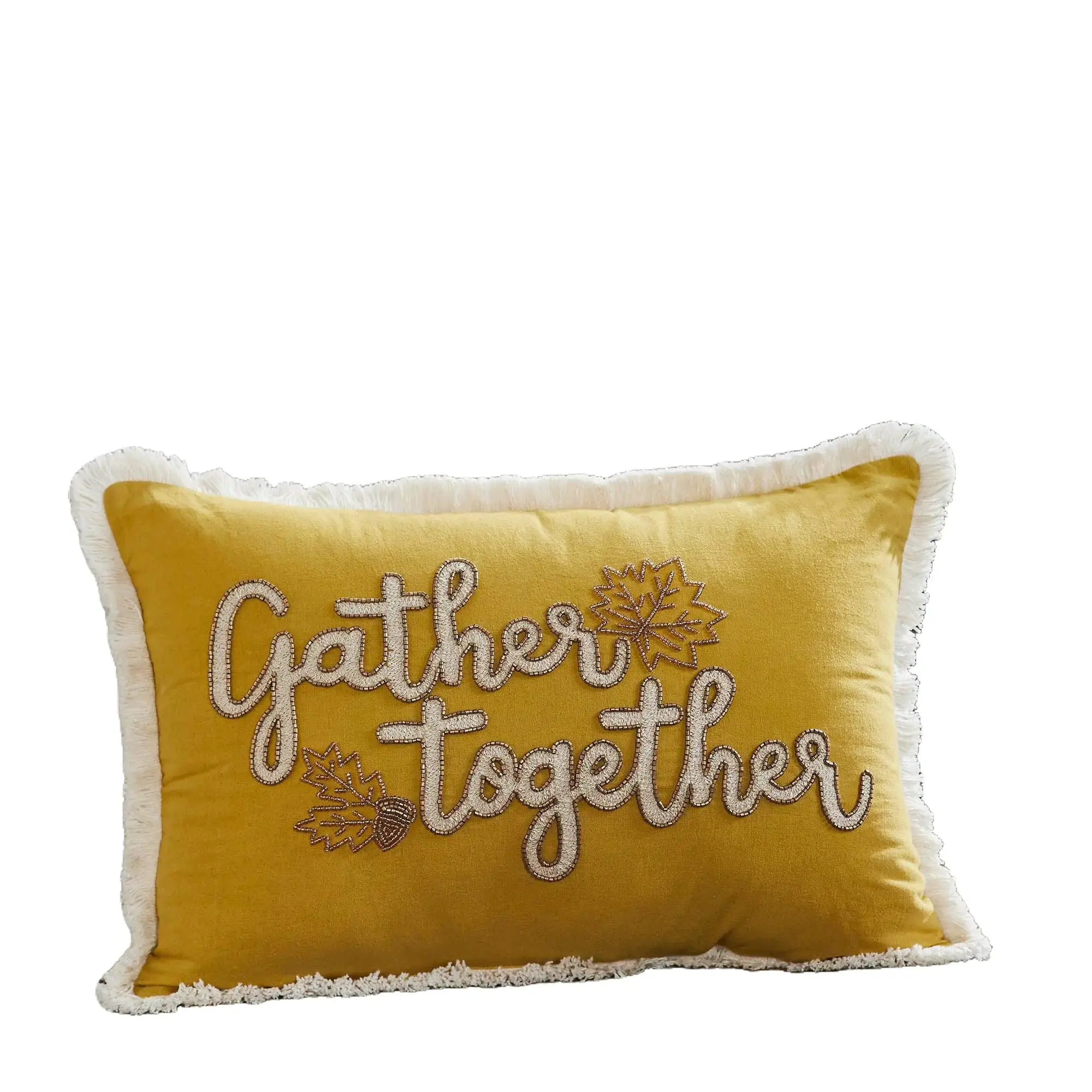 Gather Together Harvest Throw Pillow – Cozy Yellow Velvet Autumn Accent Cushion