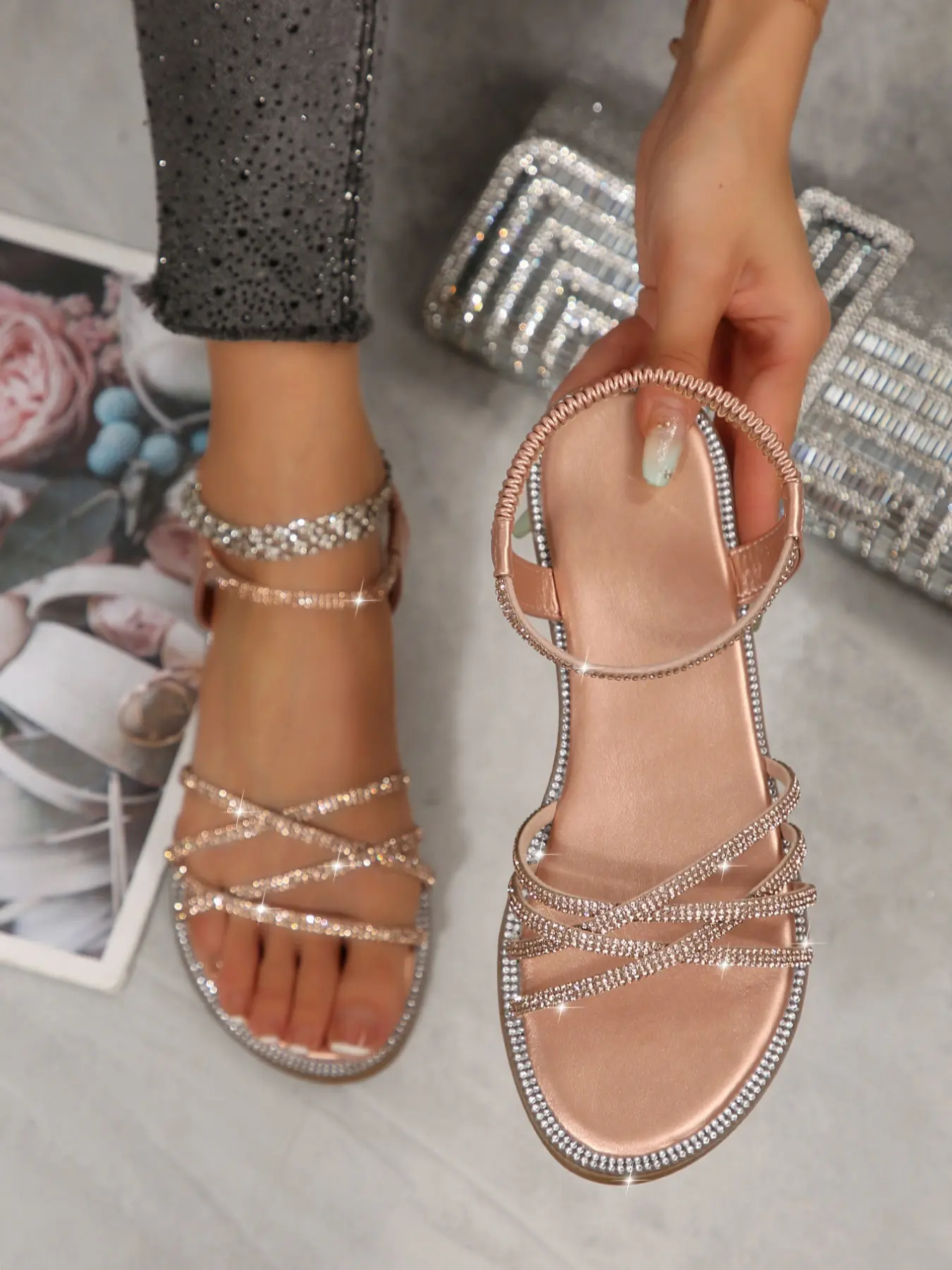 Summer New Casual Fashion Glass Rhinestone Elastic One-Step Women's Outdoor Beach Glitter Adjustable Strappy Comfy All Match Sandals, Stylish and Comfortable Footwear