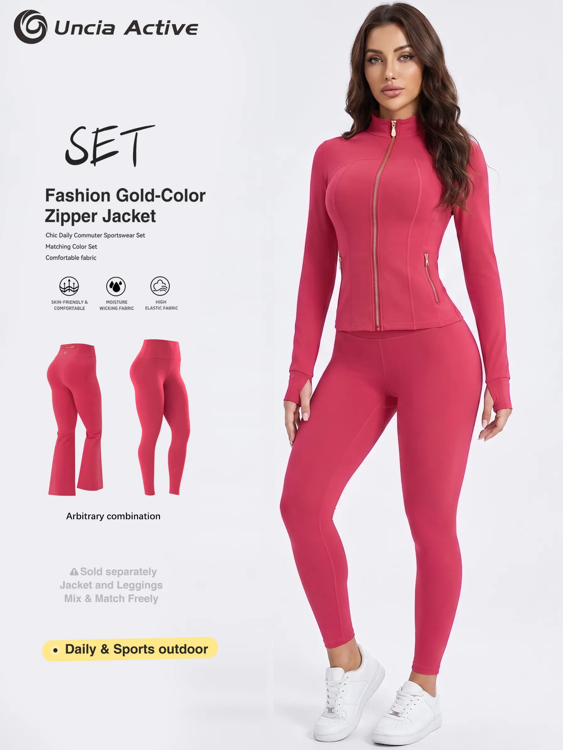 【Gold-Color zipper】Soft Brushed Women's Sporty Jacket, 25'' Inseam Leggings. Gold-Color zipper Jacket with Pockets, Yoga Pants, Thumbholes Design, Casual Wear for Women Sweat Suit Active Dresse Set Try it,travel essentials,camping essentials