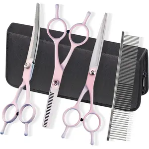 Dog Grooming Scissors Kit, Professional Dog Trimming Scissors Set, Hair Cutting Curved Thinning Shears for Pet Cat at Home, Pet Grooming Supplies