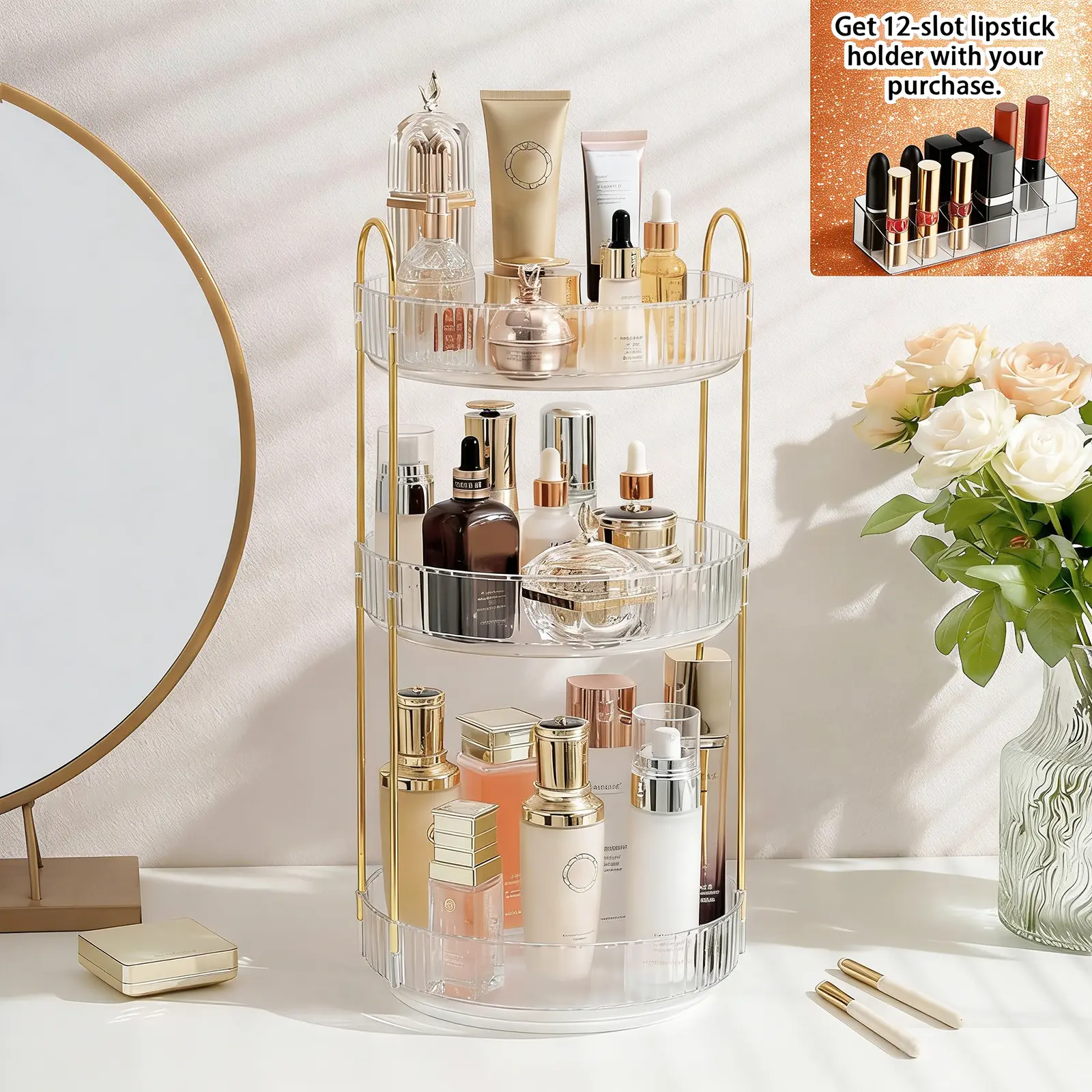 360 Rotating Makeup Organizer |Bonus 12-slot lipstick holder| 3 Tier Large Capacity Skincare Perfume Vanity Storage Clear 3 Tier White Round Countertop summerwins