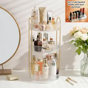 360 Rotating Makeup Organizer |Bonus 12-slot lipstick holder| 3 Tier Large Capacity Skincare Perfume Vanity Storage Clear 3 Tier White Round Countertop
