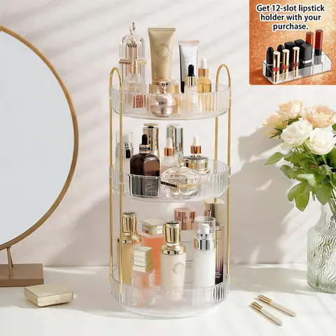 Apraly 3-Tier ABS 360-Degree Rotating Cosmetic Storage Box with Metal 12-Slot Lip Holder, Large-Capacity Beauty Supplies Organizer Ideal for Bathrooms, Bedrooms, Desks, White Round Countertop Bathroom Storage Organizer