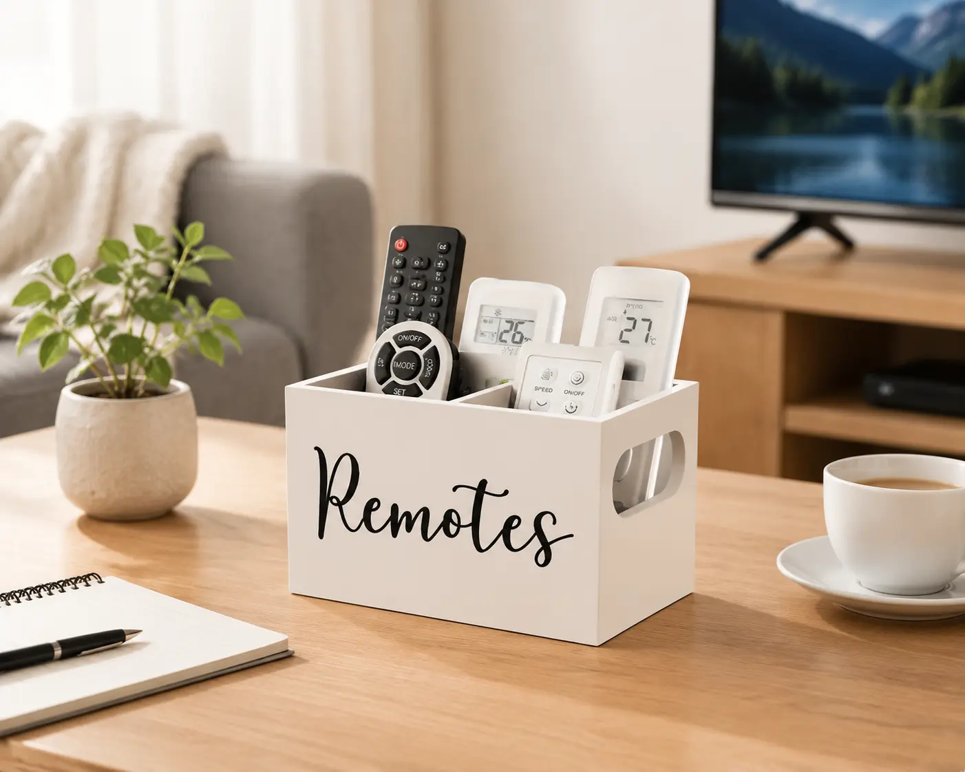 Remote Control Organizer Holder for Coffee Table, Desktop Remote Storage Box with Dividers, TV Remote Control Caddy for Home Office Living Room