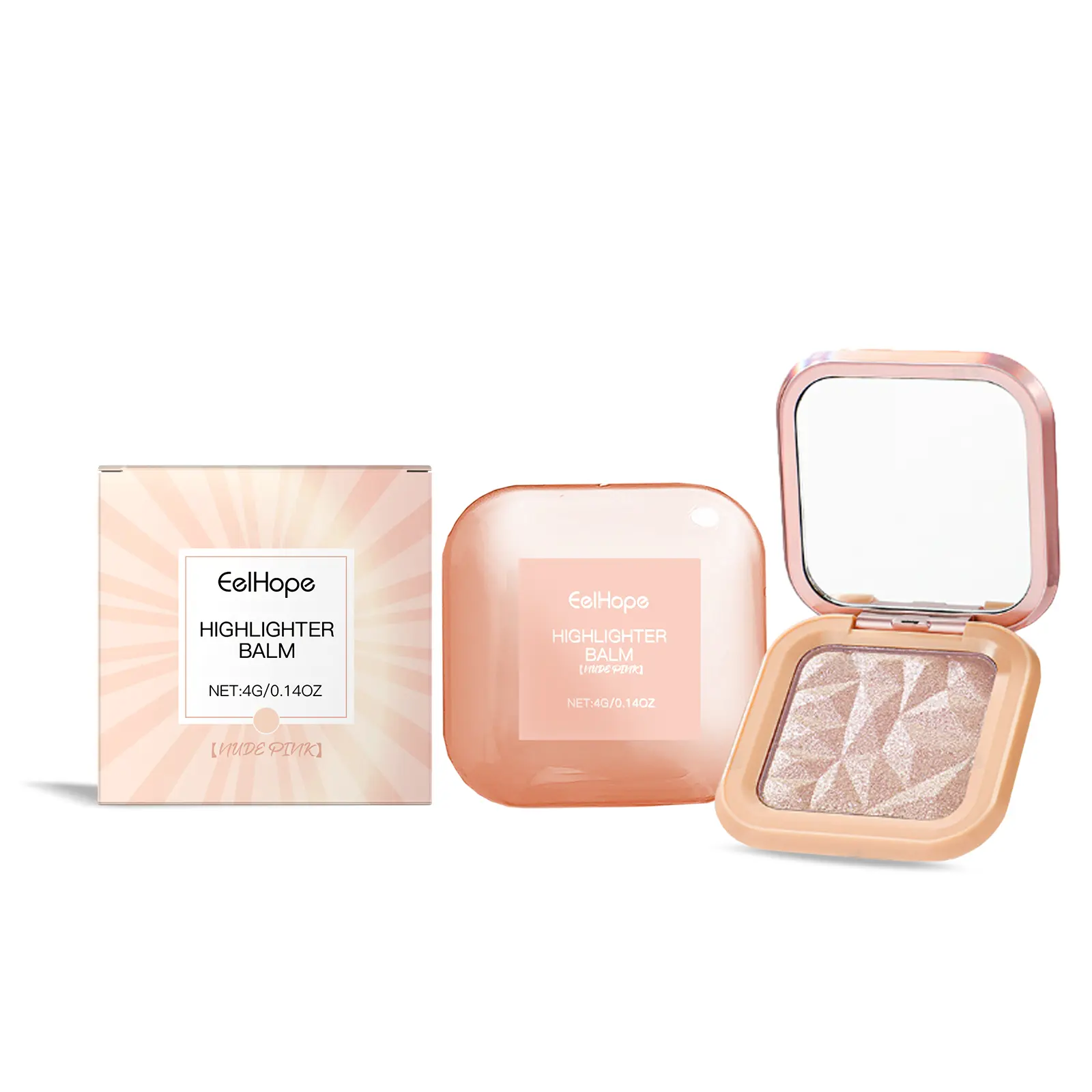 4g Compact Solid Highlighter Balm with Mirror, Nude Pink Shimmer - Vitamin E-Infused for a Brightening and Dewy Finish for Glowing Makeup, Daily, Cosmetic, Gentle, Radiant