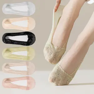 Women's No Show Lace Socks 6 Pairs Ultra Thin Floral Invisible Socks with Double Silicone Non Slip Grip for Flats Loafers and Low Cut Shoes
