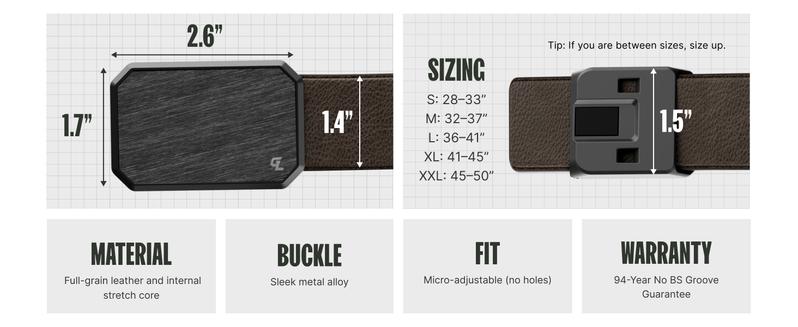 Groove Belt Max Leather – Full Grain Stretch Leather Belt for Men, Magnetic Buckle, Everyday & Work Belt – Brown