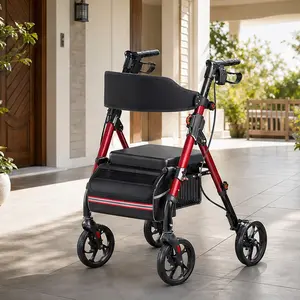 ARCH Foldable Rollator Walker with Seat for Seniors, 350 lb Capacity, 8'' Big Wheels, 6-Position Height Adjustable, Hybrid Aluminum Carbon Steel Frame, Red, Mobility Aid for Indoor Outdoor Use, Under-Seat Storage Pouch, Red Color Options