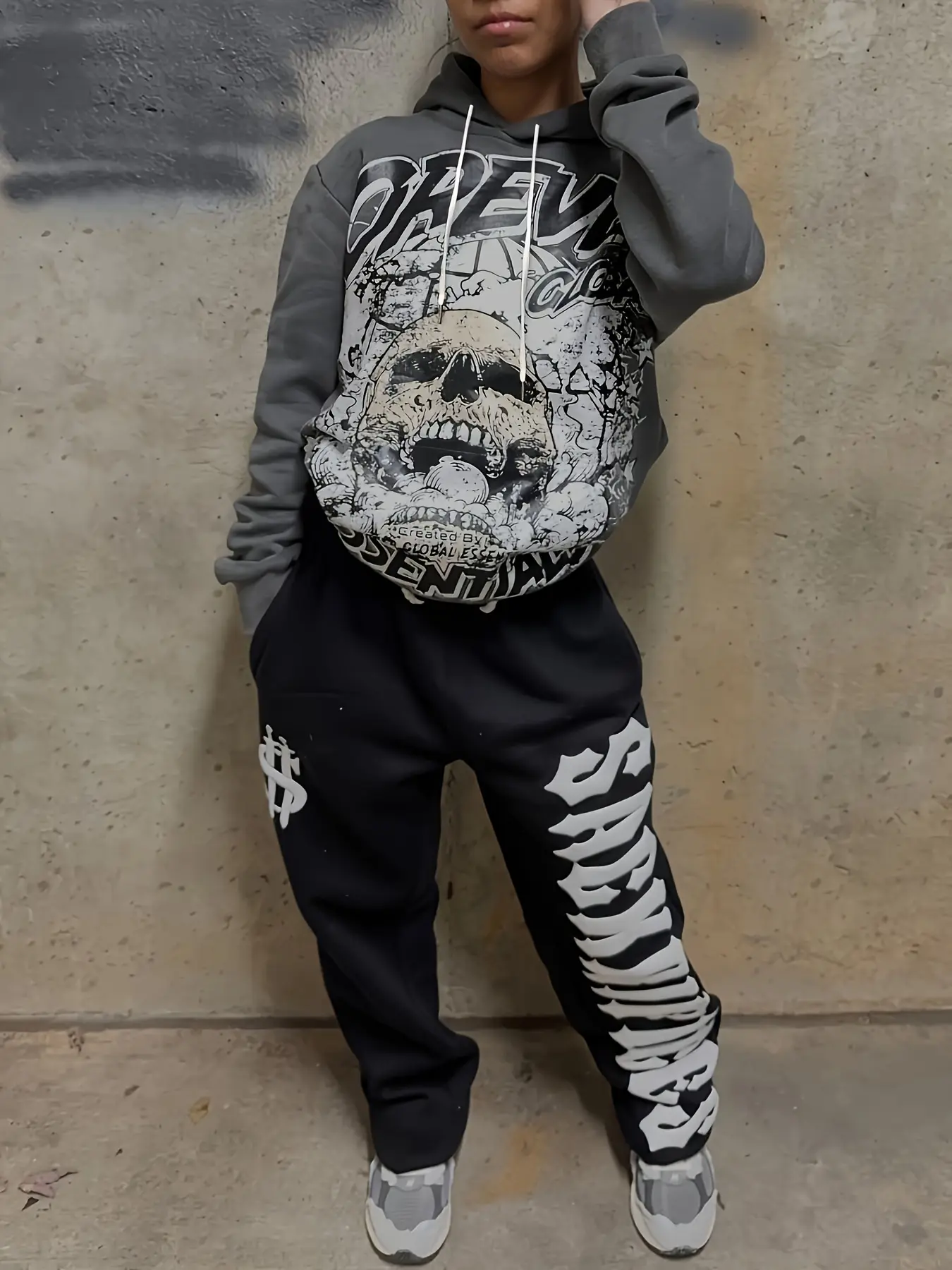 Women's 2-Piece Dark-Edgy Skull & Letter-Print Hoodie & Casual Pants Set, Spandex-Elastic Polyester Fabric Clothes