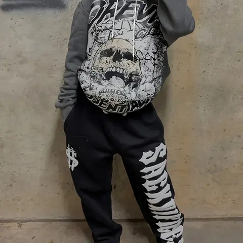 Women's 2-Piece Fitted Dark-Edgy Skull & Letter Graphic Hoodie & Casual Pants Matching Set, Spandex-Elastic Polyester Knitting Streetwear for Everyday Wear