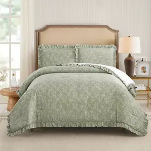 Modern Heirloom 3pc Full/Queen Floral Ruffle Comforter Bedding Set Assorted Green