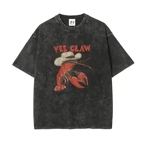 Yee Claw Funny Lobster Graphic T-Shirt - Women's Vintage Acid Wash Summer Tee - Retro Western Cowboy Crawfish Oversized Top