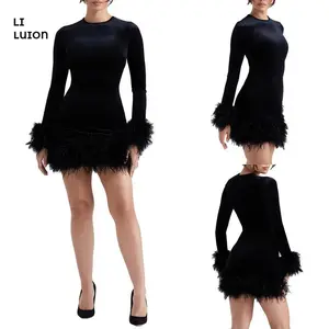 Women Long Sleeve Mini Dress Crew Neck Feather Hem Mini Dress Bodycon Stretch Velvet Cocktail Party Dress