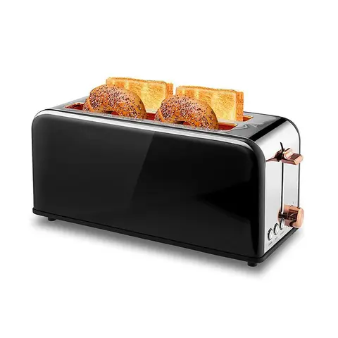 Pukomc Durable Brushed Stainless Steel 4-Slice Toaster - Kitchen Appliances with Extra Long Wide Slots, 6 Toaster Settings, Easy-Remove Tray, Pause/Bagel/Defrost Functions, 1500W WT-8500 Black, No LED Display, Bread Lever Lift, Family Size