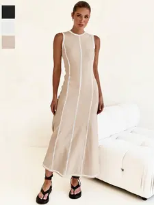 Women's Contrast Binding Round Neck Tank Dress, Street Fashion Casual Sleeveless Dress for Daily Outdoor Wear, Ladies Clothes for All Seasons