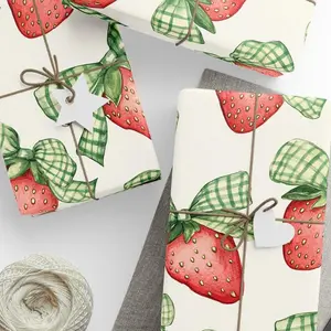 Strawberry Gingham Bow Wrapping Paper: Cottagecore Gift Wrap