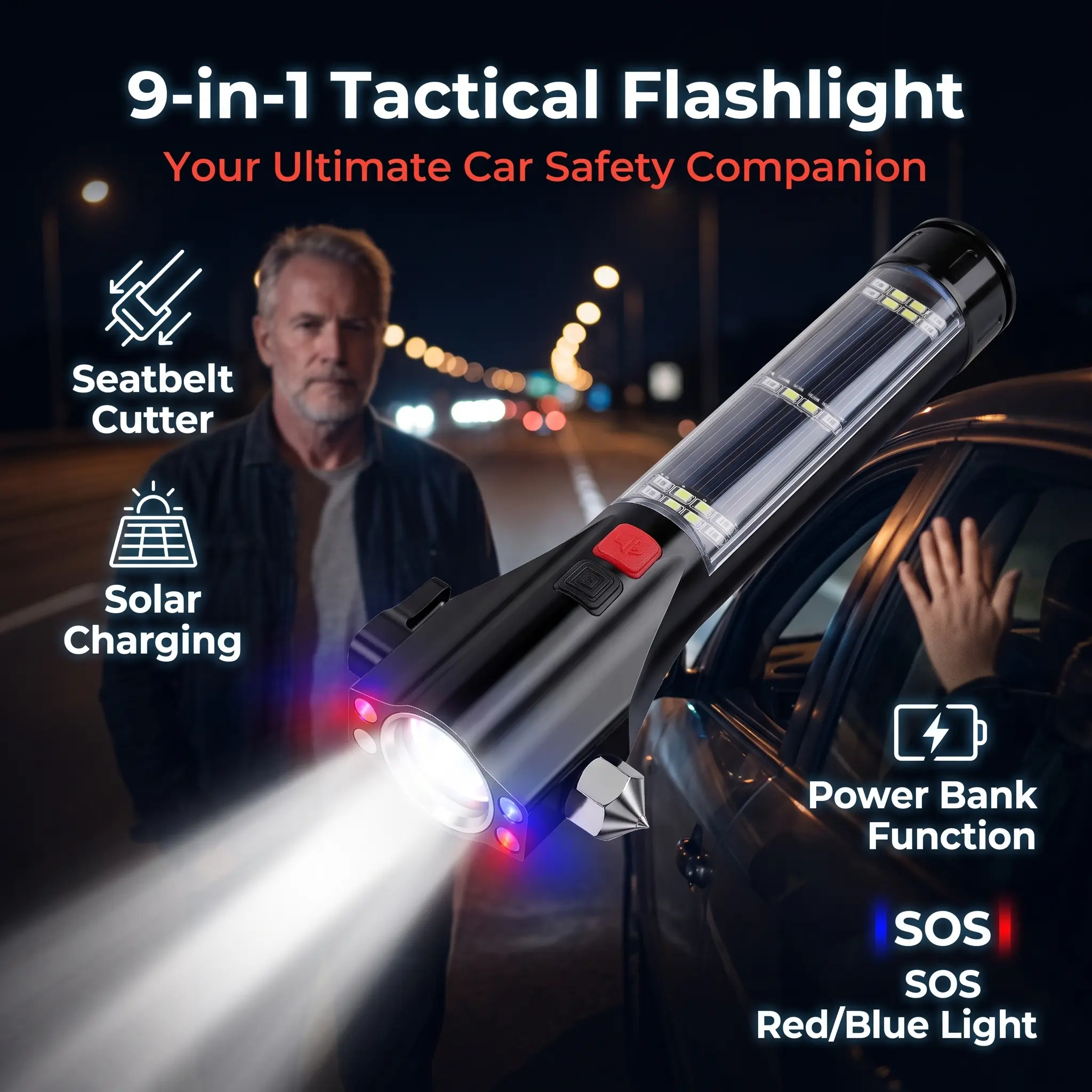 9-in-1 Car Emergency Flashlight, Solar Rechargeable Tactical Flashlight with Window Breaker, Seatbelt Cutter, Power Bank, SOS Strobe Light for Vehicle Safety