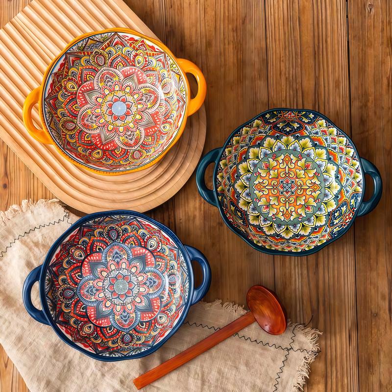 4 Piece Boho Ceramic Serving Bowls with Handles, 22 Oz Porcelain Salad Bowls, Large Serving Dishes for Entertaining, Mixing Bowls for Stew, Pasta, Cereal, Cute French Onion Soup  Bowls Set