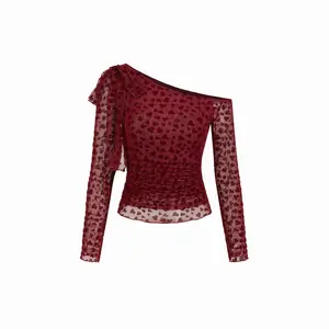 Cider Mesh Flocking Heart Asymmetrical Neck Long Sleeve Top