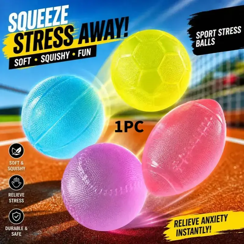 BPA-Free TPR Malt Sugar Slow-Rising Squeeze Toy, 4 Sports Shapes (Rugby, Football, Baseball, Basketball), Ages 12+ Unisex Reusable Stress Relief Gift for Birthdays, Holidays