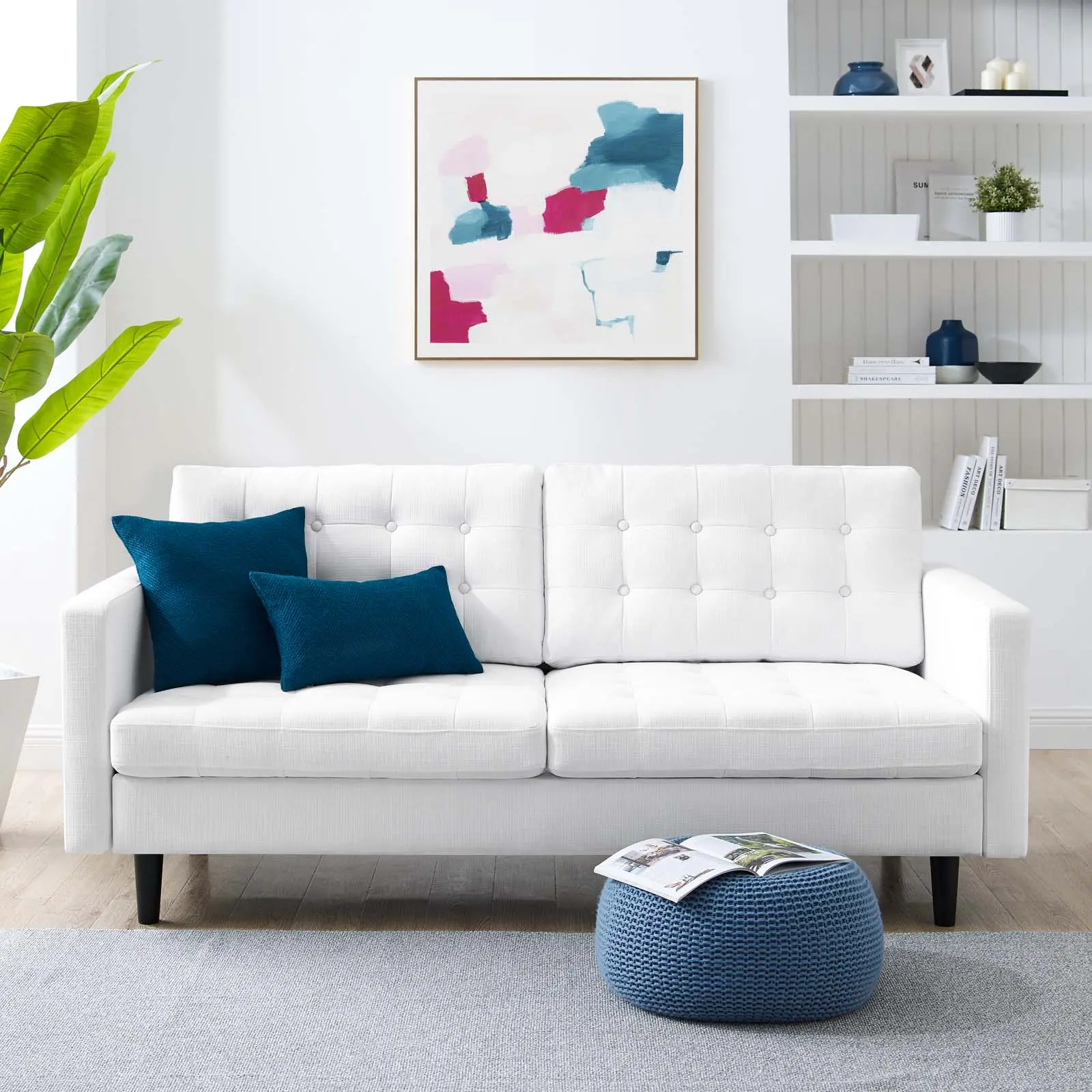 Modway Exalt Tufted Fabric Sofa - White Couch, Stylish Design Interior Furniture for Living Room, Modern