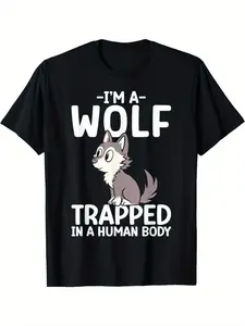 Men's Funny "|'m a Wolf Trapped in a Human Body" Graphic T-Shirt Casual Short Sleeve Round Neck Tee with Cartoon Wolf Design, Soft Breathable Fabric, Machine Washable, Black