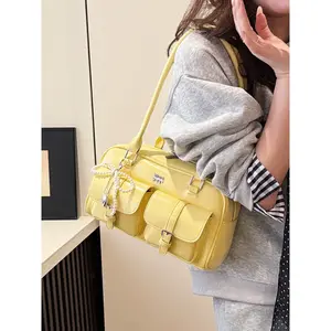 niche design sweet bright-colored pearl bow handbag, Casual Trendy Purses, double pocket design, exquisite college style underarm bag, suitable for college students' daily travel, shopping and taking photos, etc., Handbag Shoulder Purse
