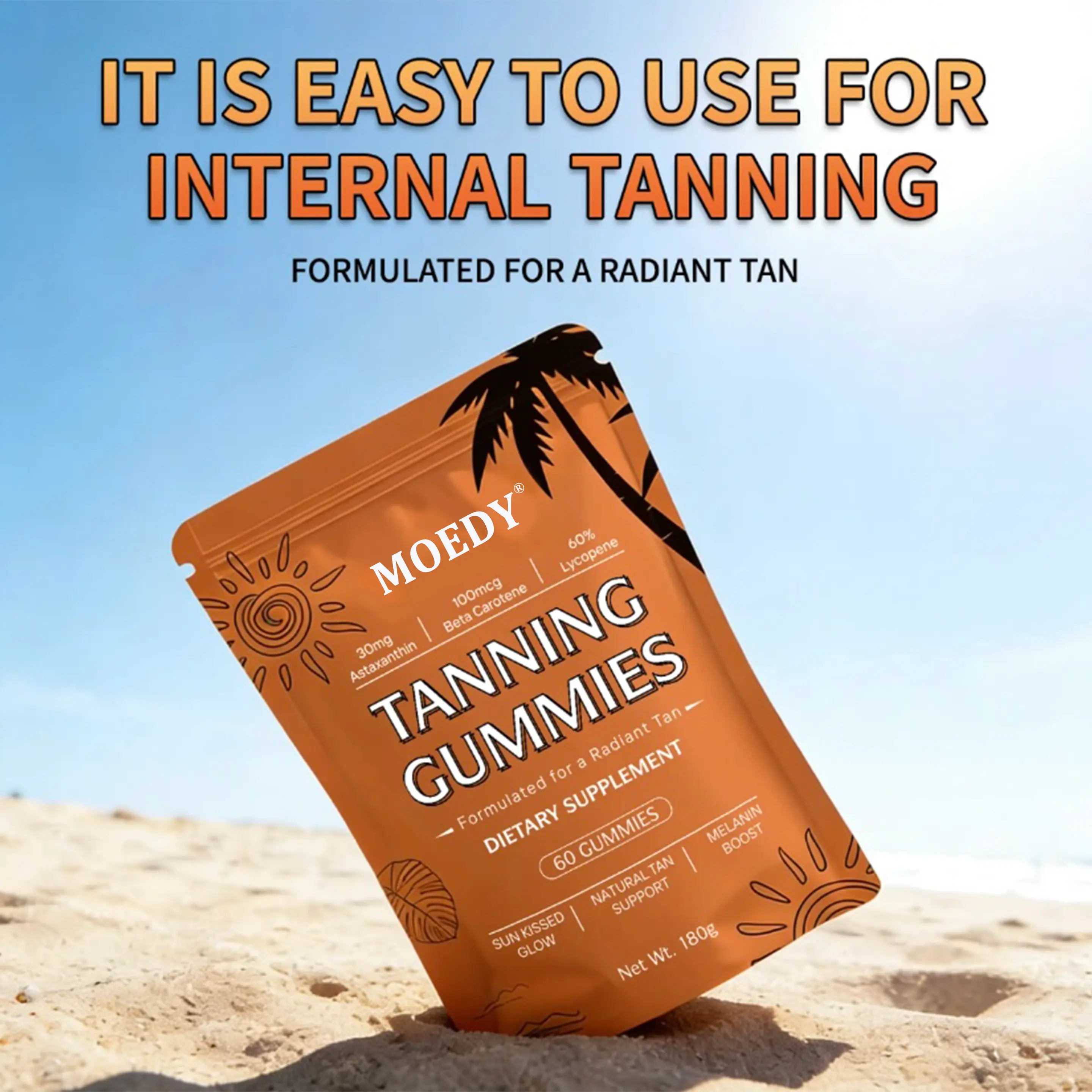 MOEDY Tanning Gummies Dietary Supplementfor RadiantTan Natural Tan Support Melanin Boost60 Gummies Vitamin Edible Fitness