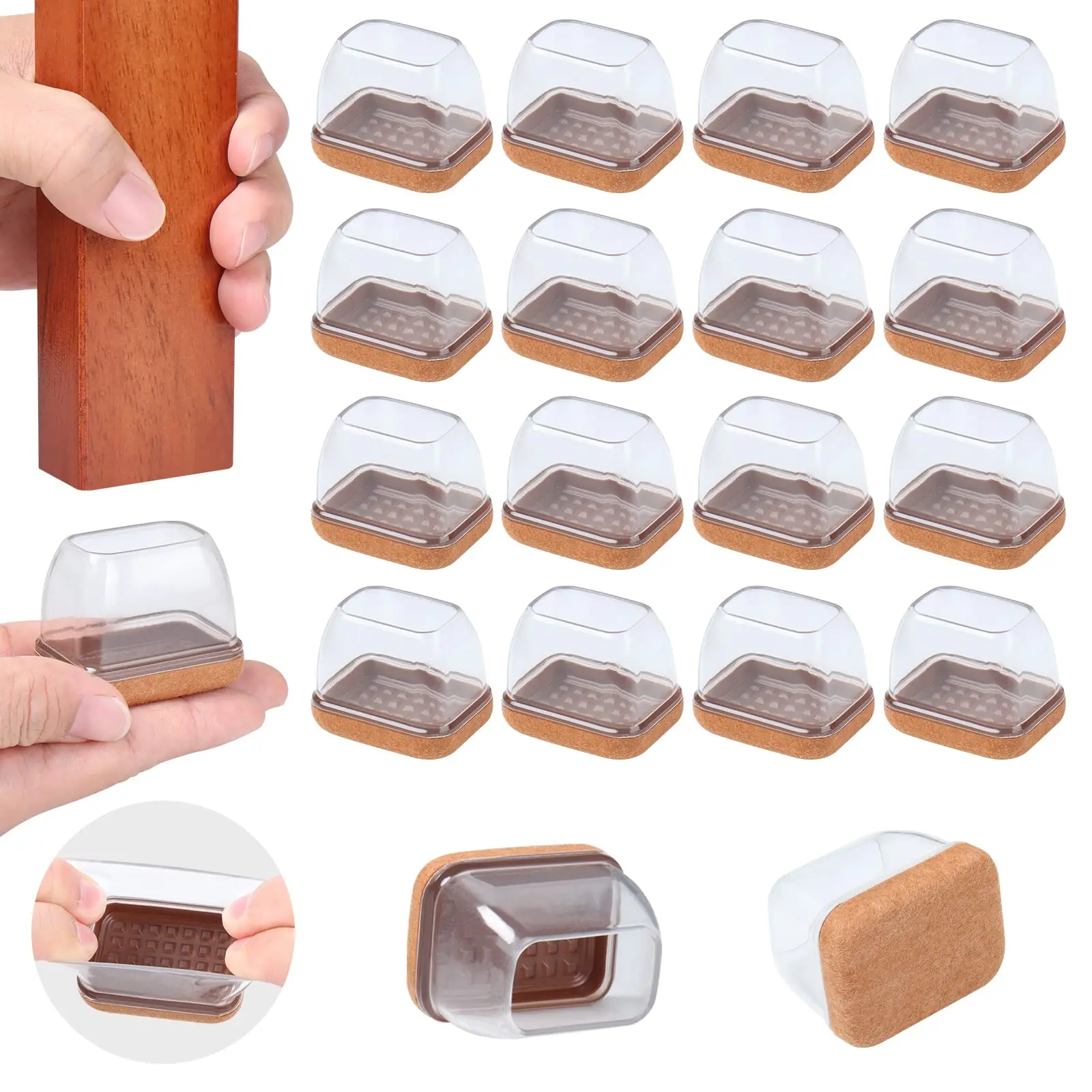Silicone Felt Furniture Pads - Anti-Scratch, No-Noise Rectangle Leg Caps for Chair Legs, Tables (Black-16pcs, Grey-16pcs)