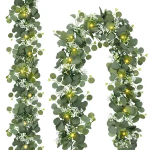 2 Pack 6FT Artificial Eucalyptus Garland with Warm White Lights – Battery Operated Greenery Vine for Home, Wedding, Party, Mantle & Stairs Decoration”
