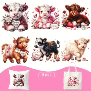 6 Sheets Valentine's Day Highland Cow Watercolor Transfer Paper Heat Transfer Decal for T-Shirt Jeans Hat Backpack Easy Peel Adhesive Reusable Cloth Sticker for DIY Craft Festival Costume Decoration