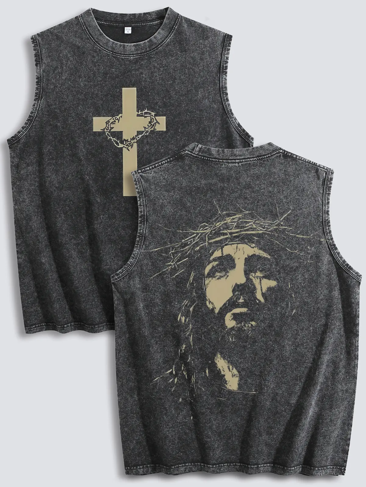 Menswear ，Jesus Is King ，Men's Vintage Gothic Oversized SleevelessGraphic Vest - Washed Black, Y2K Streetwear, SummerCasual Top singlets Socks