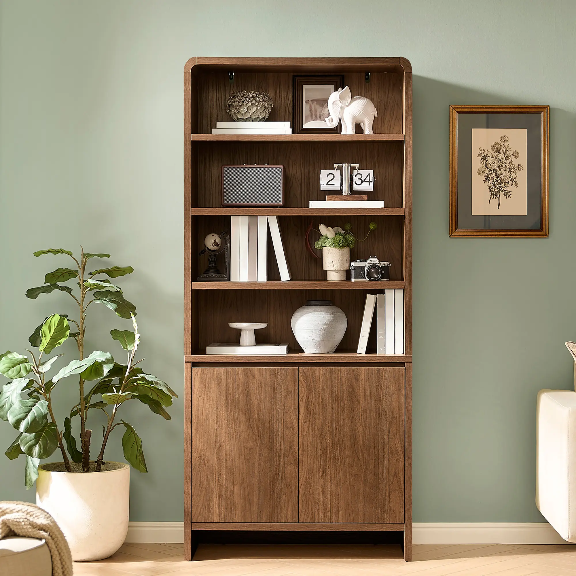 AMERLIFE 71" Height Engineered Wood Bookcase - 6-Tier Storage Shelf with Adjustable Shelves, Doors, Curved Edges, Storage Cabinets for Living Room, Home Office (Requires Assembly)