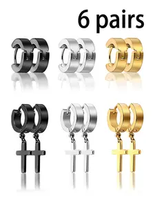 6 Pairs Stainless Steel Earrings with Cross Pendant, Basic Style, Elegant Jewelry, Minimalist Earrings, Unisex Set