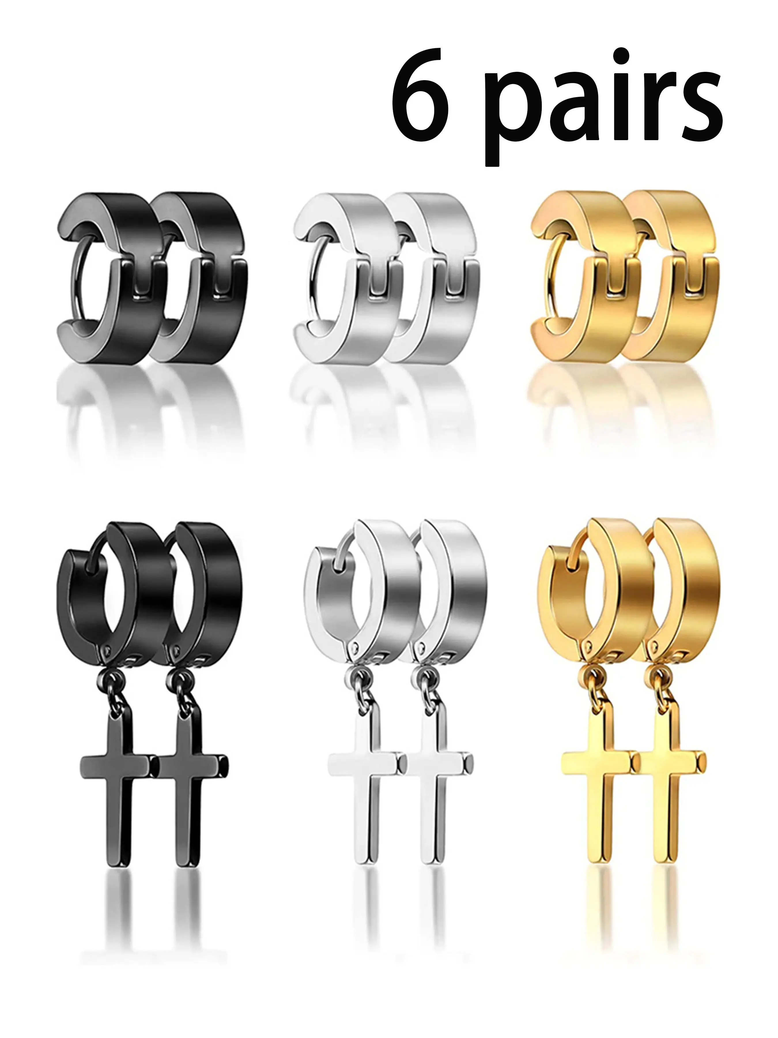 6 Pairs Stainless Steel Earrings with Cross Pendant, Basic Style, Elegant Jewelry, Minimalist Earrings, Unisex Set, Earring Stack