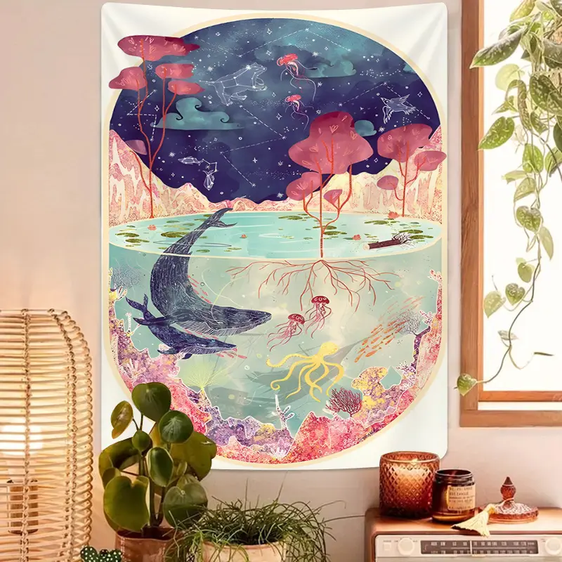 1pc Large Polyester 2D Flat Marine Life & Starry Night Tapestry - Greek Key Border Ocean Theme Wall Hanging, Deep Blue & Turquoise Sea Creatures Decor for Bedroom, Dorm - Whale Shark, Jellyfish, Coral Reef Print Fabric Art