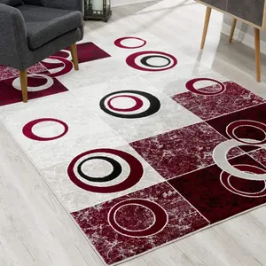 212 MAIN 3x5 ft. Machine-Made Power-Loomed Modern Olefin Fiber Geometric Inverse Circles Rectangle Area Rug, Red & White - High-Traffic, Machine-Washable