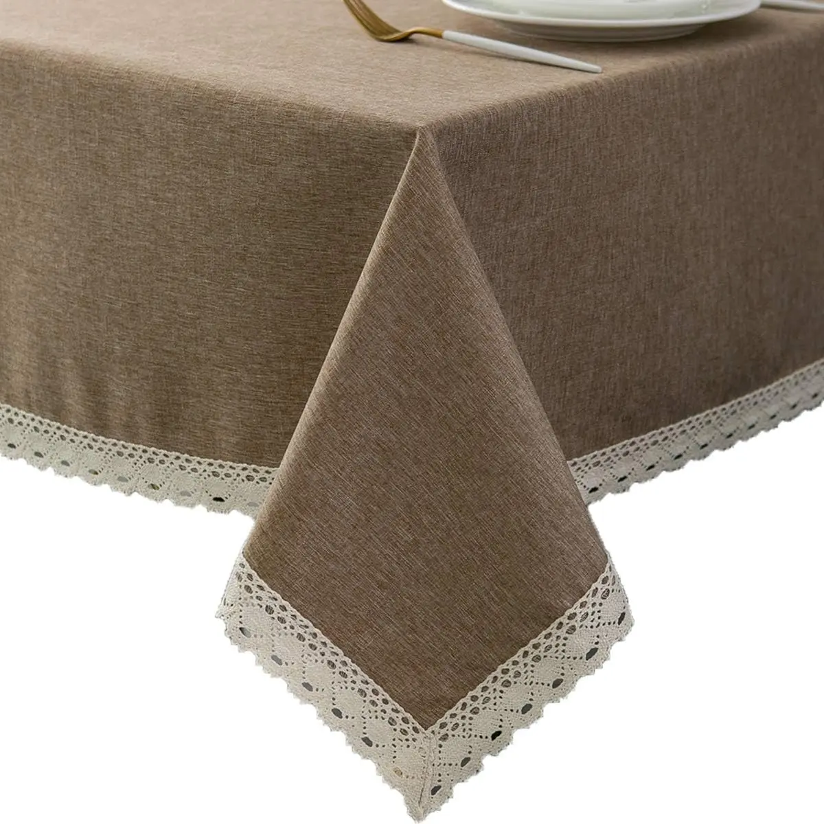 Rectangle Faux Linen Tablecloth with Lace Trim - Waterproof, Spill-Proof, Stain-Resistant, Wrinkle-Free, Oil-Proof - Wedding-Ready for Banquet, Dinner, Kitchen Use - 60x84Inch
