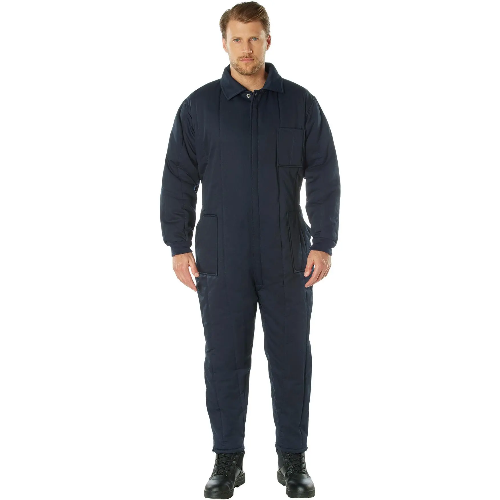 Men's Insulated Navy Blue Coveralls - Polyester-Cotton-Nylon Blend, Cold Weather Protection, Full Body Workwear Uniforms, Menswear, Knit, Pockets