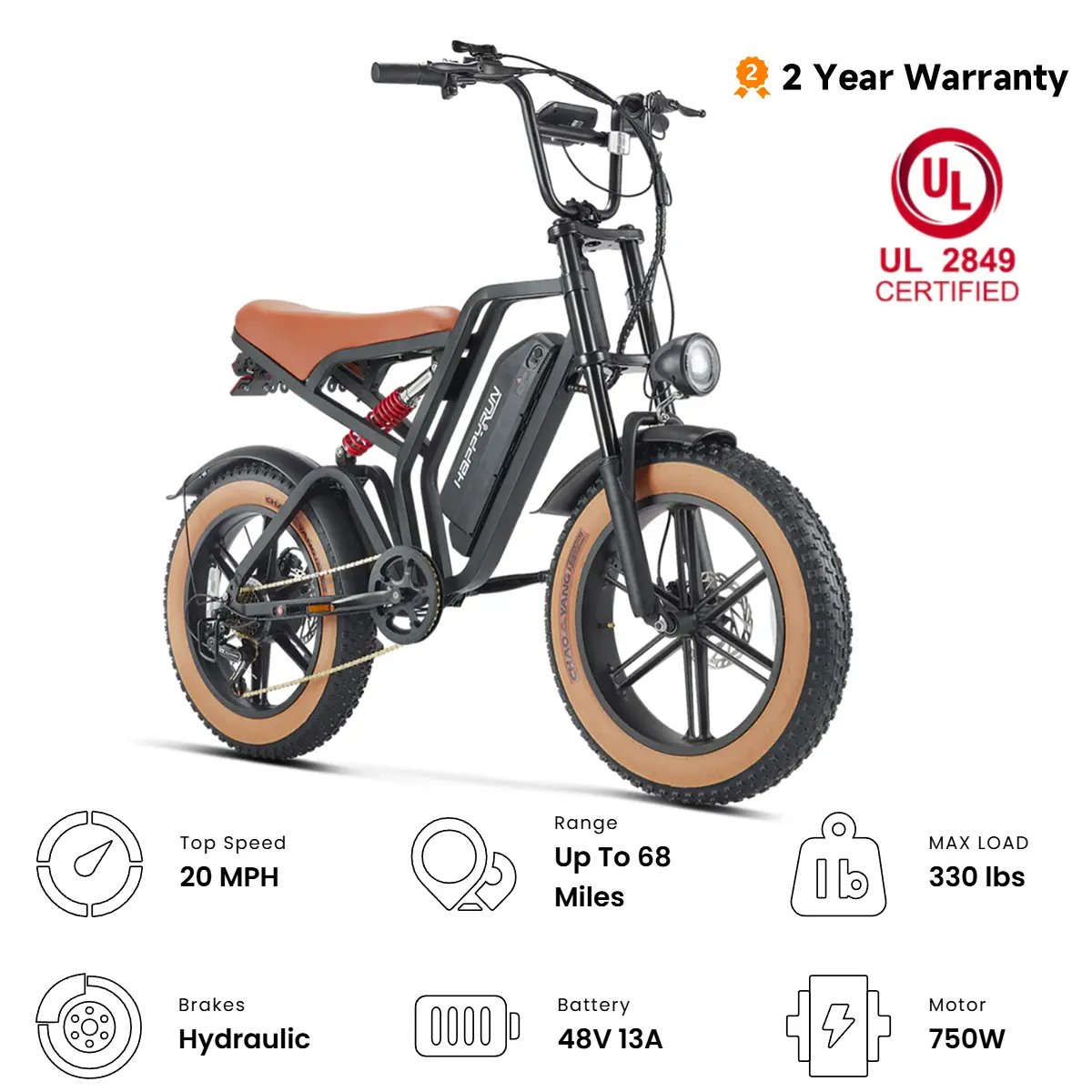 HAPPYRUN G60 E-Bike for Adults,  UL 2849 Certified Electric Bicycle, 750W  Motor, 48V 13Ah Battery, Up to 68 Miles Range, 20 MPH Top Speed, Hydraulic Disc Brakes, City Commuter E-Bike, 330 lbs Load, 2-Year Warranty
