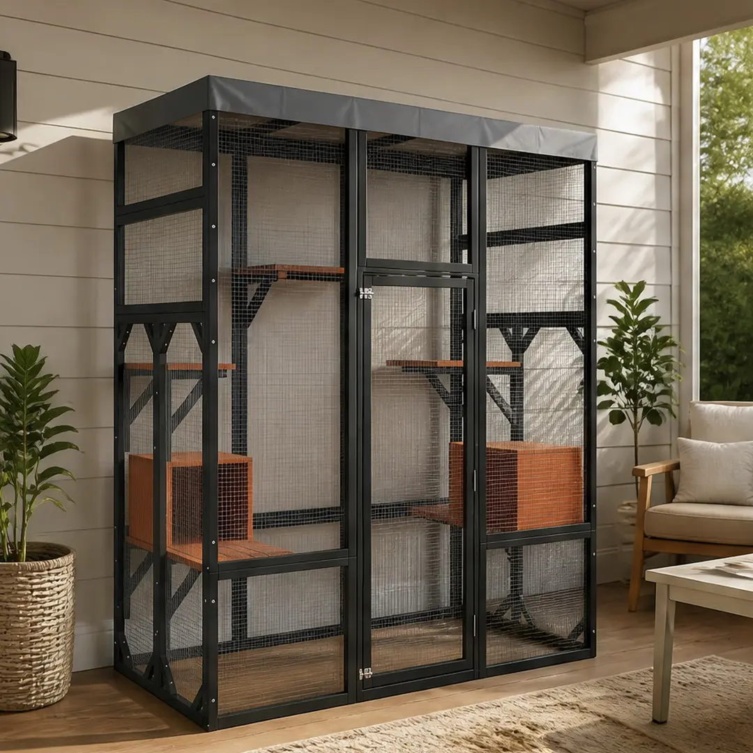 62.6" Solid Wood Outdoor Catio, 32.30" W x 62.60" D x 70.10" H Secure Pet Enclosure with Waterproof Cover, 2 Napping Houses, Platforms, Galvanized Metal Wire, Easy-Access Door, Black+Orange Options for Backyard Patio