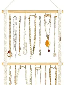 Hanging Jewelry Organizer Macrame Necklace Holder with 30 Hooks Wall Mounted Jewelry Hanger Over Door Necklace Rack with Tassel for Necklace Bracelet Earring Headband Bow Organizer revolving jewelry Wood Wooden Boho Gift Hangable
