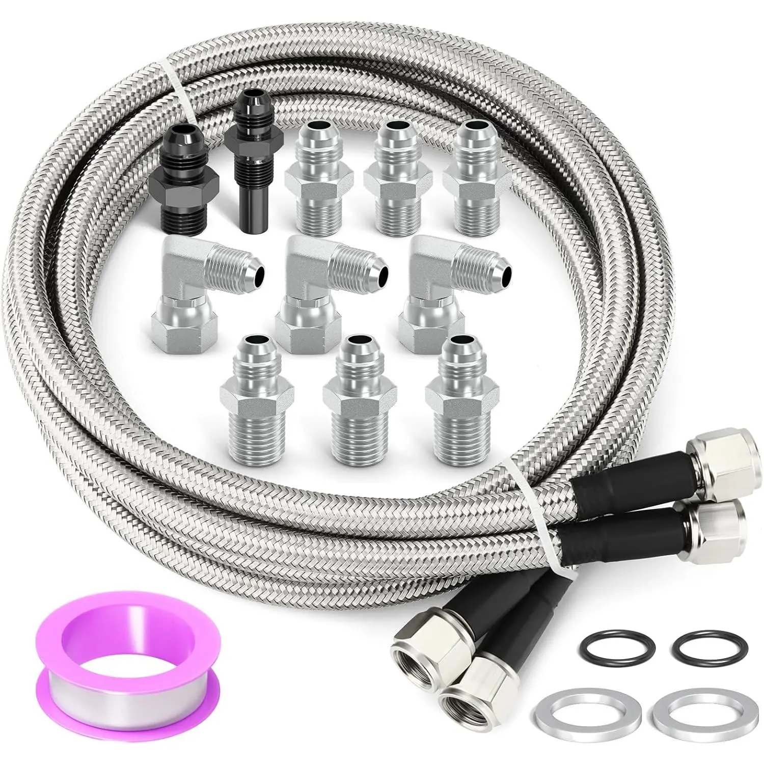 Transmission Fluid Oil Cooler Hose Line Kit with Leak-Proof Seal for Trucks - 1 Teflon Tape, 2 x 70in & 3/8" I.D. Stainless Steel Braided Hoses, 2 x Flared Aluminum 4L80E Billet Adapter Fittings (1/4" NPT, 90-Degree AN-6), Fits TH350,700R4,TH400,NP-700RTL
