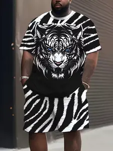 Men's Summer Fashion Casual 2-Piece Set, Print Lion Pattern, Large Size Loose Fit Short Sleeve T-Shirt and Shorts