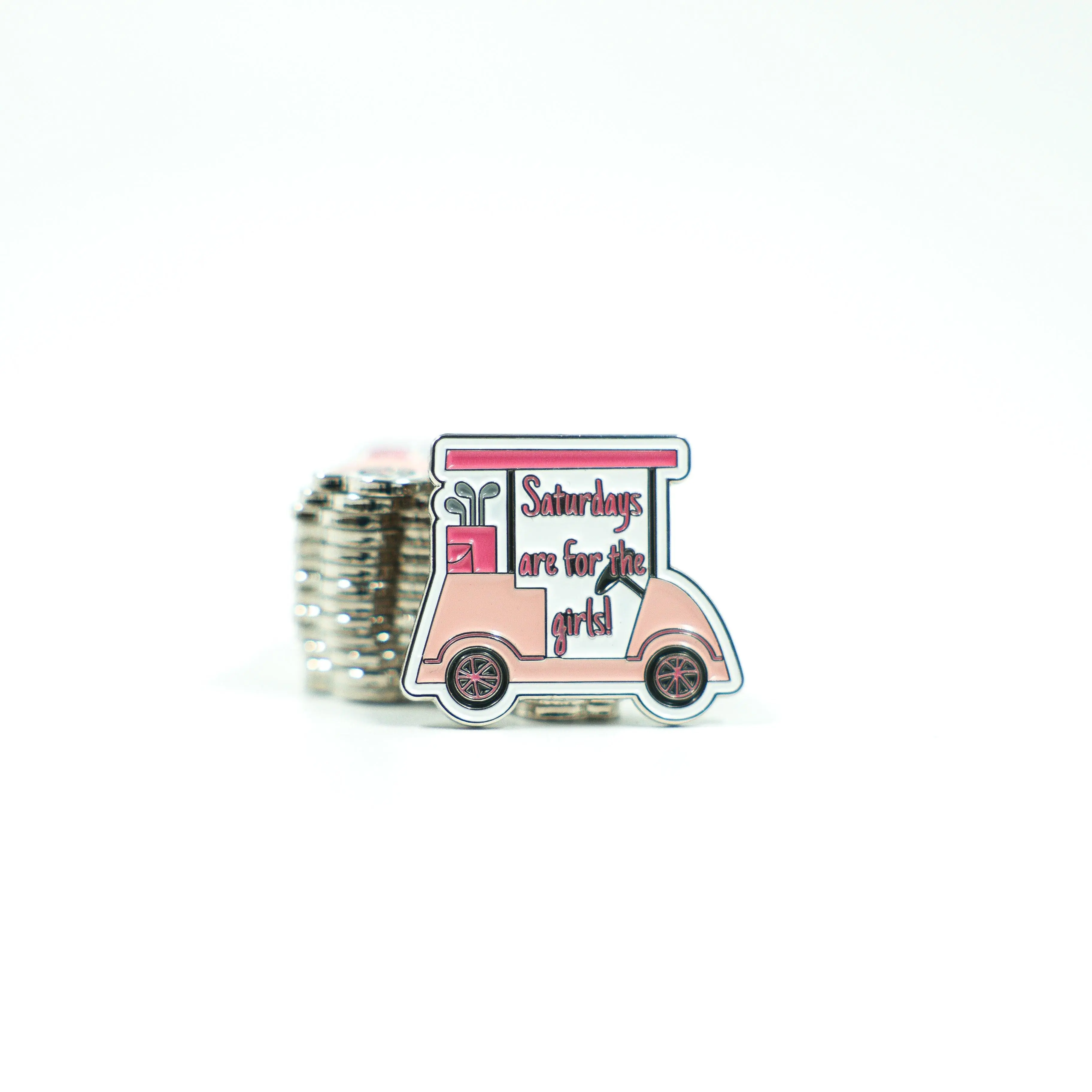 Saturdays Are for the Girls Limited Edition Golf-Themed Ball Marker - Chic Blush Pink Cart Design, Durable Metal, Magnetic, Versatile Gift for Ladies, Golf Cart, Golf-Themed Ball Markers