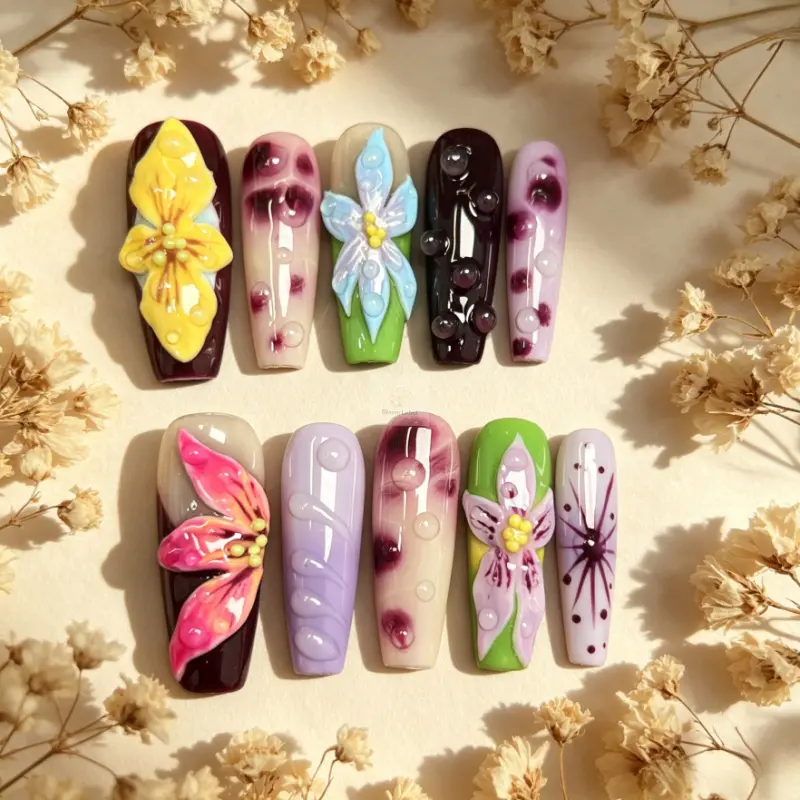 3D Flower Middle T Press-On Nails, TikTok-Viral Fashion Accessory, No Salon Wait Application
