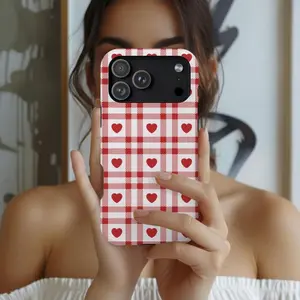 For IPhone 17 Case, Valentine Red White Plaid Heart Design, Romantic Protective Cover for IPhone 16 15 14 13 12 11 Pro Max Plus