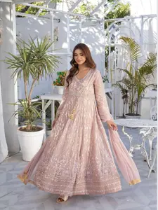 Women's Formal Chiffon Chickenkari Angrakha Style Maxi Dress with Dupatta and Trouser - Womenswear elegant long